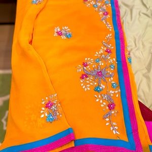 Usha Bagri mango color yellow orange embroidered sari/ saree